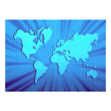 Blue graphic world map bed personalised invites