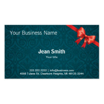 Blue Green Damask with Red Ribbon business card