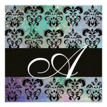 BLUE GREEN TEAL BLACK  DAMASK MONOGRAM , white Custom Announcements