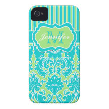 Blue, Green, White Striped Damask iPhone 4 iPhone 4 Cover
