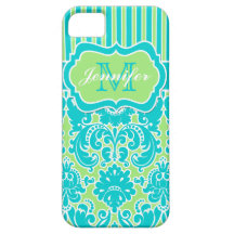 Blue, Green, White Striped Damask iPhone 5