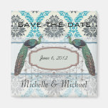 blue grey and cream elegant damask peacocks fridge magnet