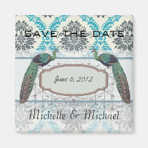 blue grey and cream elegant damask peacocks fridge magnet
