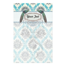 blue grey and cream elegant damask peacocks customised stationery