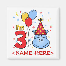 Blue Hippo Face 3rd Birthday Fridge Magnets