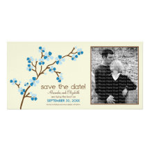 Blue/Ivory Cherry Blossom Save the Date Photocard Customised Photo Card