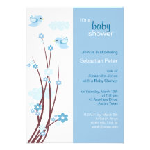 Blue Love Birds Spring Flowers Baby Shower Announcements