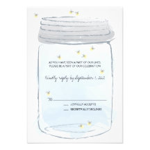 Blue Mason Jar & Fireflies Wedding RSVP Custom Invitations