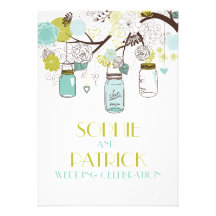 Blue Mason Jars and Flowers Wedding Invitations