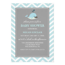 Blue Mustache Whale Boy Baby Shower Invitation