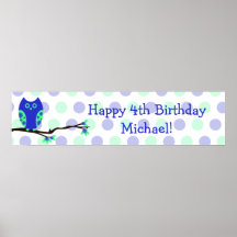 Blue Owl 4th Birthday Personalised Sign Posters