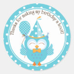 Blue Owl Birthday Thank You Round Stickers