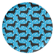 Blue Polka Dachshunds Dinner Plates