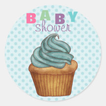 Blue Polka Dot & Cupcake Baby Shower Sticker/seal