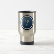 blue question mark round button coffee mug