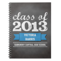 Blue ribbon banner chalkboard graduation student notebooks