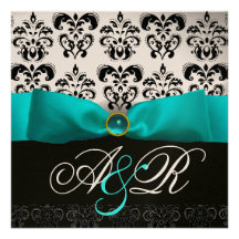 BLUE RIBBON TURQUASE WHITE BLACK  DAMASK MONOGRAM PERSONALIZED ANNOUNCEMENT
