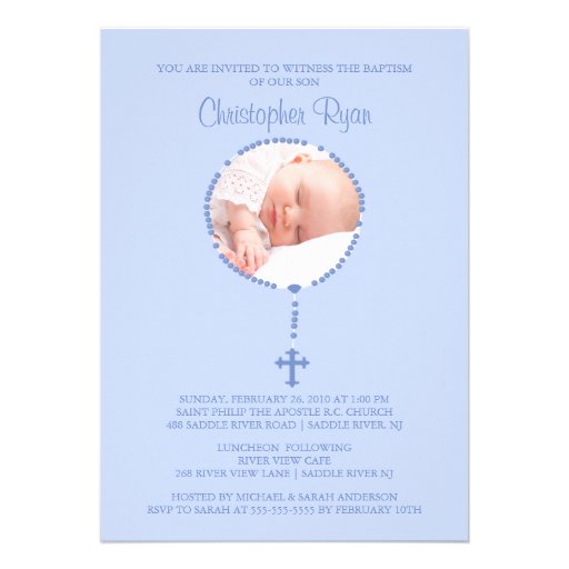 BLUE Rosary Cross Photo Baptism Inviation BOY Personalized Announcements