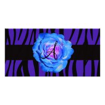 Blue rose monogram purple zebra stripes pattern custom photo card