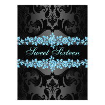 Blue Rose Sweet16 Damask Birthday Invite