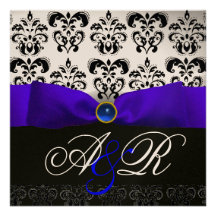 BLUE SAPPHIRE RIBBON WHITE BLACK  DAMASK MONOGRAM ANNOUNCEMENTS