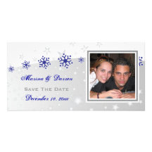 Blue, silver grey snowflake wedding Save the Date Photo Greeting Card