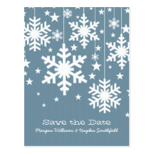 Blue Snowflakes and Stars Save the Date Postcard