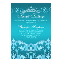 Blue Sweet16 Damask & Tiara Birthday Invite