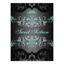 Blue Sweet16 Elegant Tiara Damask Birthday Invite