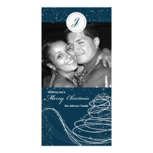 Blue Swirl and Stars Xmas Tree Holiday Photocard Customised Photo Card
