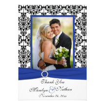 Blue, White, Black Damask Photo Thank You Card Personalised Invitations