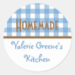 Blue white brown gingham homemade food label seal round stickers