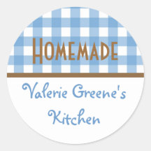 Blue white brown gingham homemade food label seal round stickers