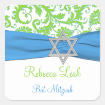 Blue, White, Green Damask Bat Mitzvah Sticker