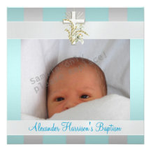 Blue White Stripe Photo Cross Baptism Christening Invites
