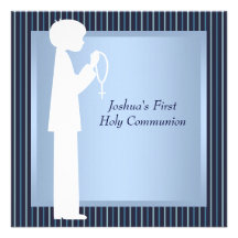 Blue White Stripe Rosary Boys First Communion Invite