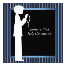 Blue White Stripe Rosary Boys First Communion Personalised Invitation