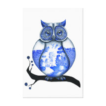 Blue Willow Owl Stretched Canvas Prints