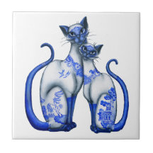 Blue Willow Siamese Cats Ceramic Tile