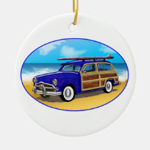 Blue Woodie with Surfboard on the Beach Christmas Tree Ornament