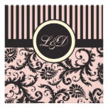Blush Pink, Cream, Grey Stripe Damask Monogrammed Custom Invitation