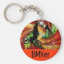 BMXers in Red and Orange Grunge Swirls Keychain