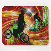 BMXers in Red and Orange Grunge Swirls Mouse Mat
