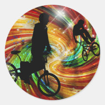 BMXers in Red and Orange Grunge Swirls Round Stickers