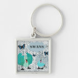 Boho Blue Swans Grunge Damask Keychain