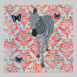 Boho Blue Zebra & Butterflies Damask Poster posters