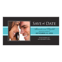 Bold Aqua Stripe Save the Date Announcement Custom Photo Card