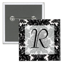 bold intricate black damask on white pinback buttons