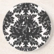 bold intricate black damask on white coasters