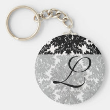 bold intricate black damask on white key chains
